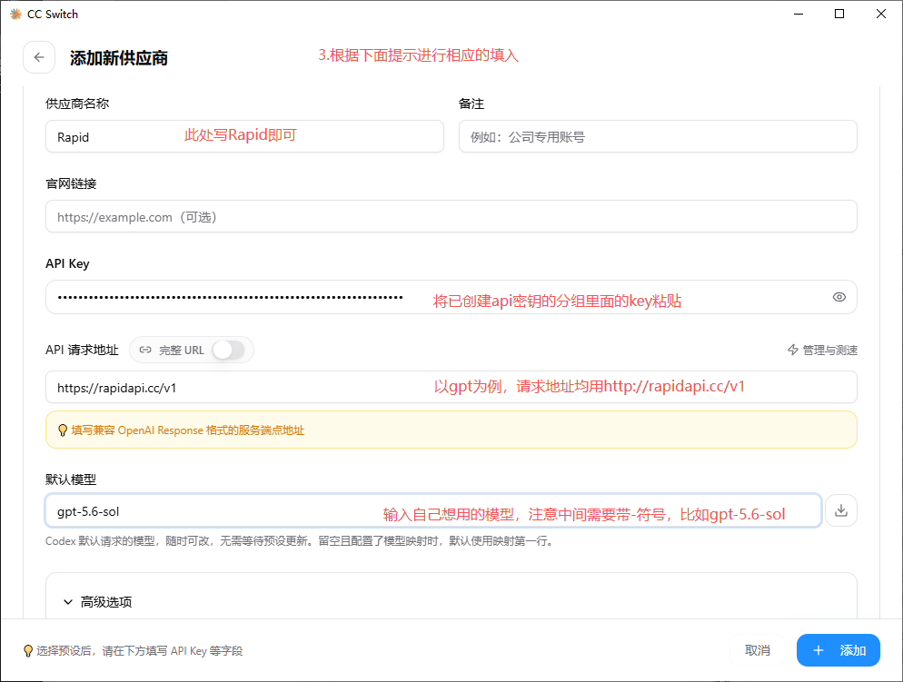 按提示填入供应商名称、API Key 等配置